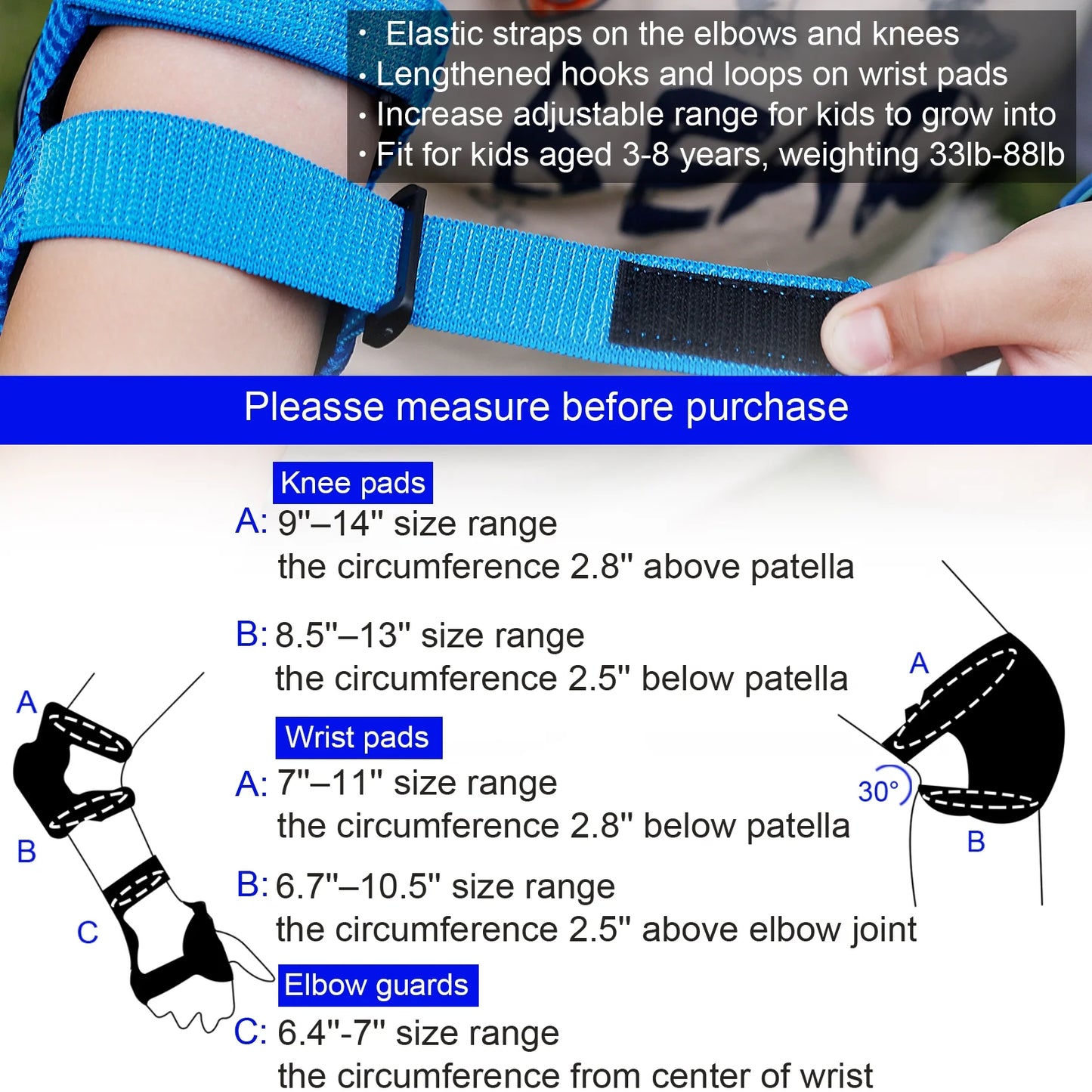 Kids Knee Pads and Elbow Pads Set, Toddler Knee Pads for Kids with Wrist Guard 3 in 1 Protective Gear Set for Youth Boys Girls Scooter, Cycling, Skateboard, Riding Sports