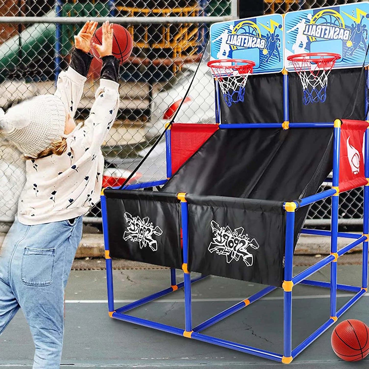 Basketball Hoop for Kids, Arcade Basketball Game Set 2 Player, Outdoor Indoor Basketball Hoop with 6 Balls with Pump, Basketball Goal for Children Toddlers, Sports Toys for 3-6 Year Old Boys Girls