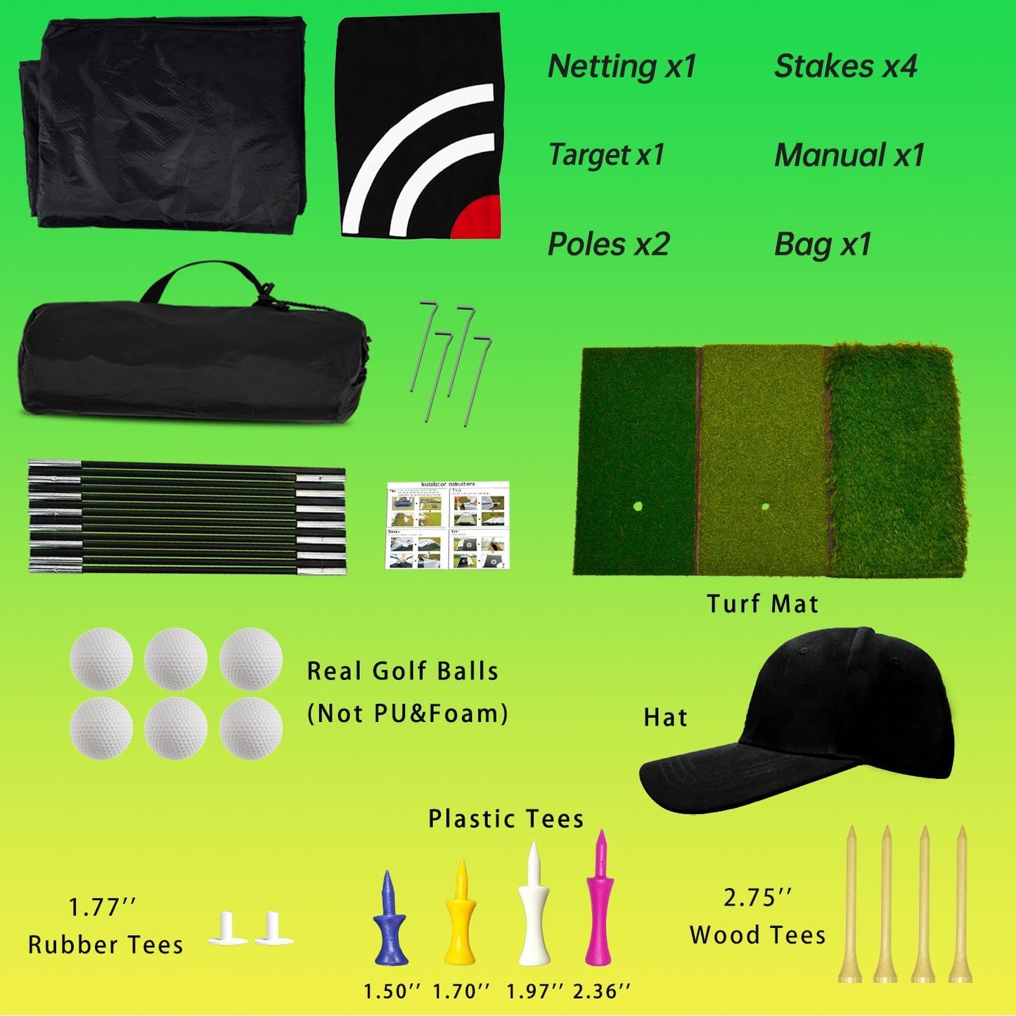 Golf Practice Net - Including Real Balls/Turf Mat/Tees/Hat/Target/Bag: Gift for Mens Golf Lovers - Indoor Outdoor Backyard Use