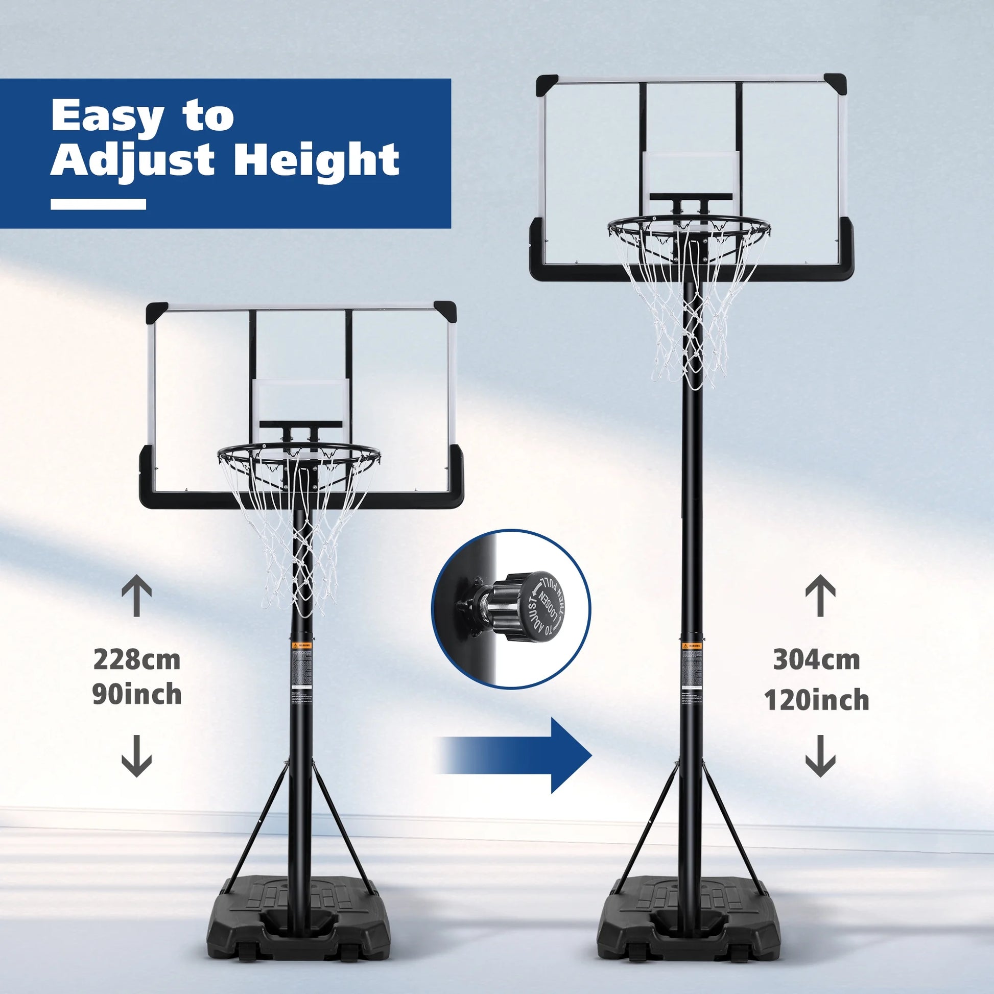 44In Portable Basketball Hoop with Height Adjustable 6 Ft to 10 Ft, Large Backboard, Base and Wheels, Basketball Goals for Teenagers Adults Indoor Outdoor Use