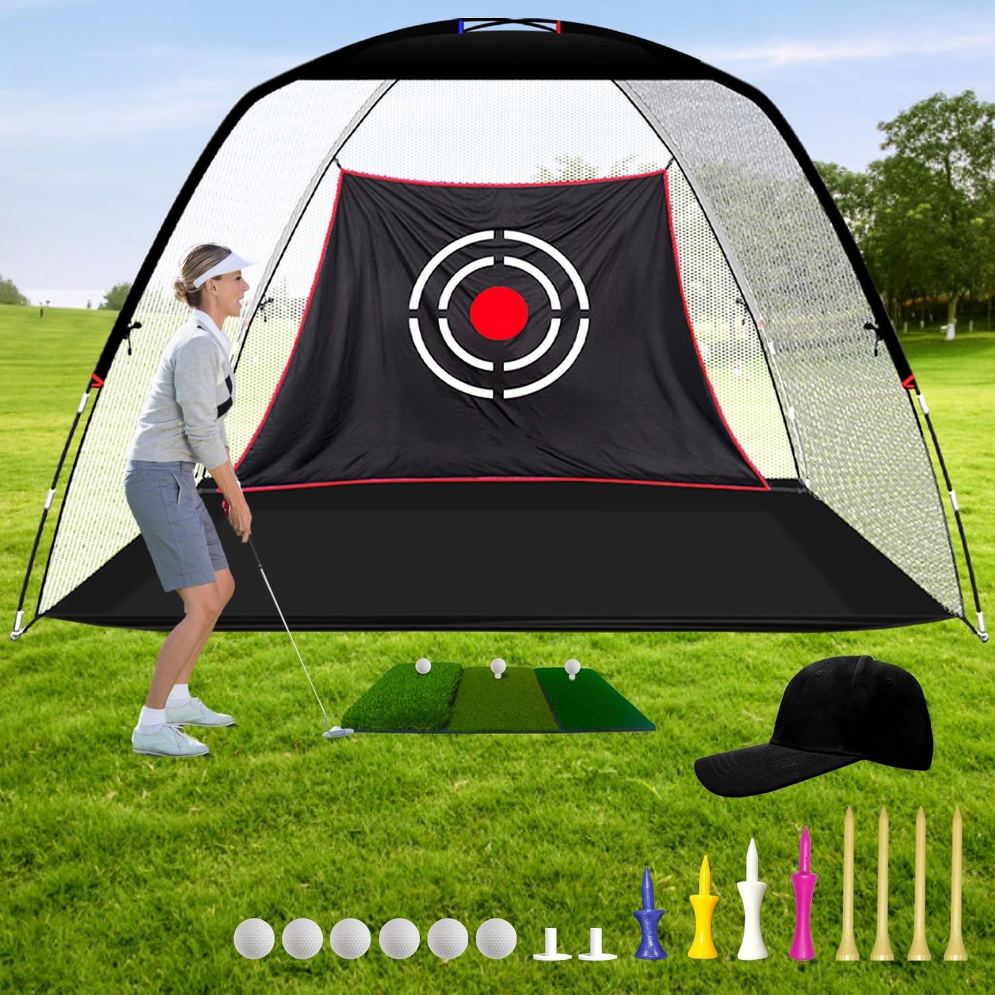 Golf Practice Net - Including Real Balls/Turf Mat/Tees/Hat/Target/Bag: Gift for Mens Golf Lovers - Indoor Outdoor Backyard Use