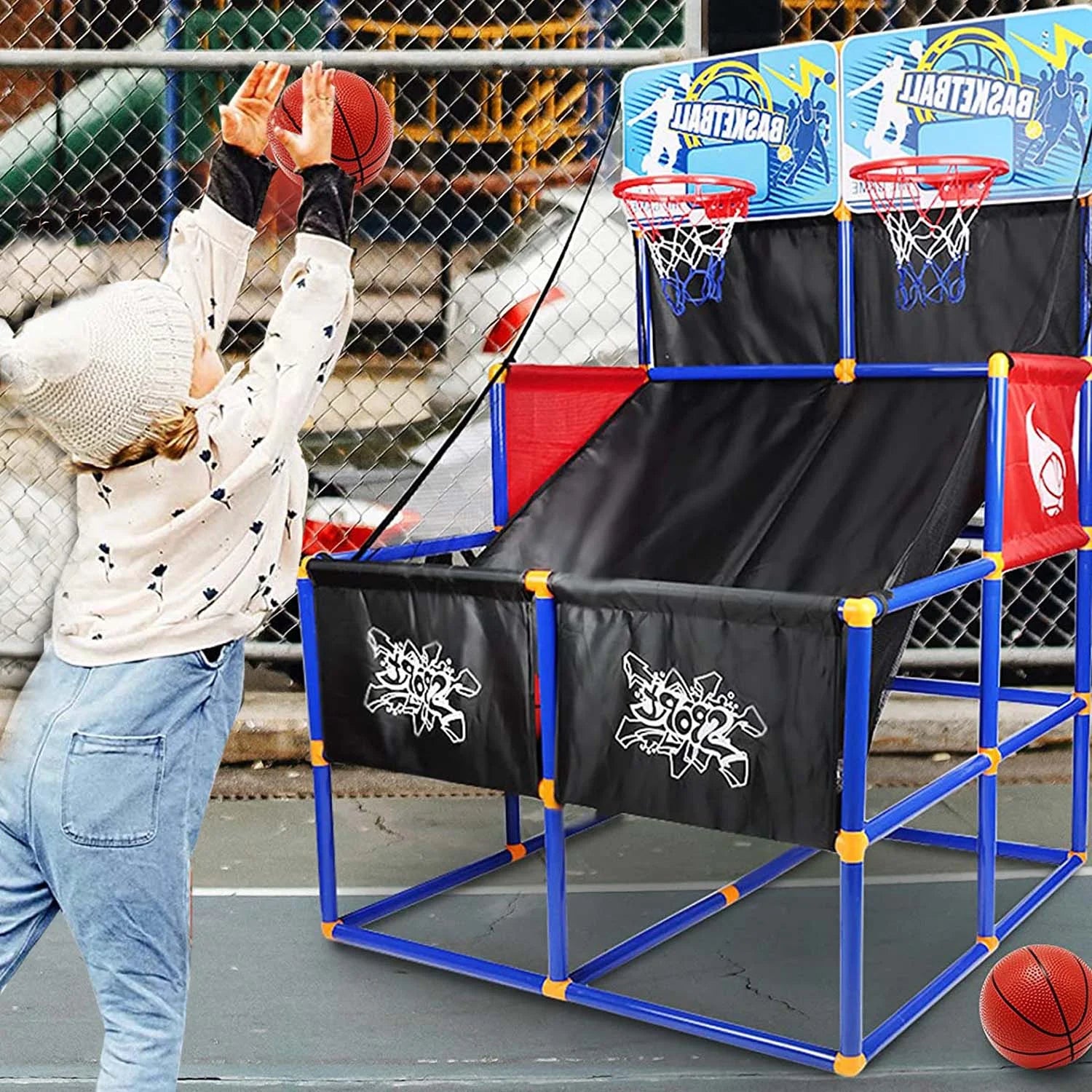 Basketball Hoop for Kids, Arcade Basketball Game Set 2 Player, Outdoor Indoor Basketball Hoop with 6 Balls with Pump, Basketball Goal for Children Toddlers, Sports Toys for 3-6 Year Old Boys Girls