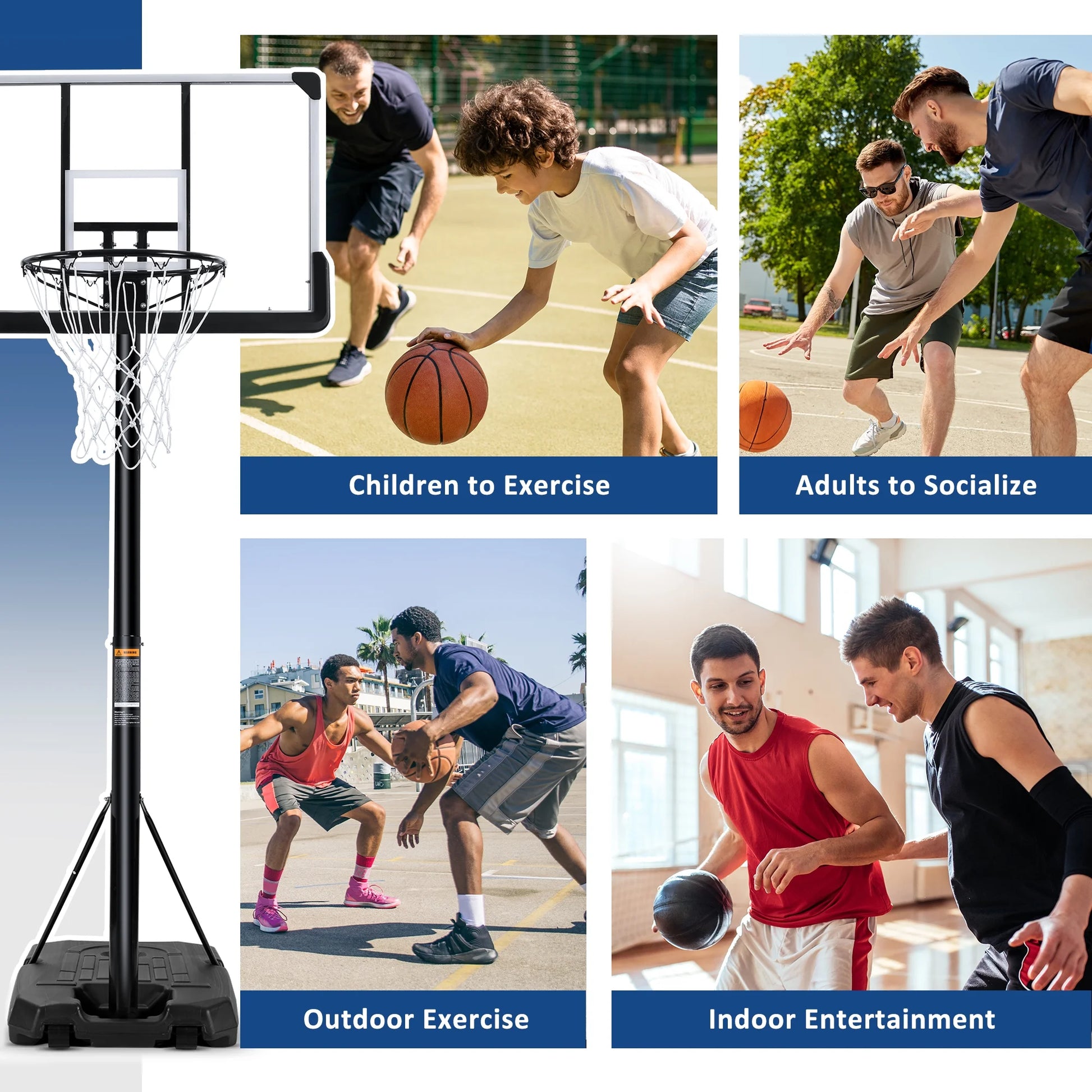44In Portable Basketball Hoop with Height Adjustable 6 Ft to 10 Ft, Large Backboard, Base and Wheels, Basketball Goals for Teenagers Adults Indoor Outdoor Use