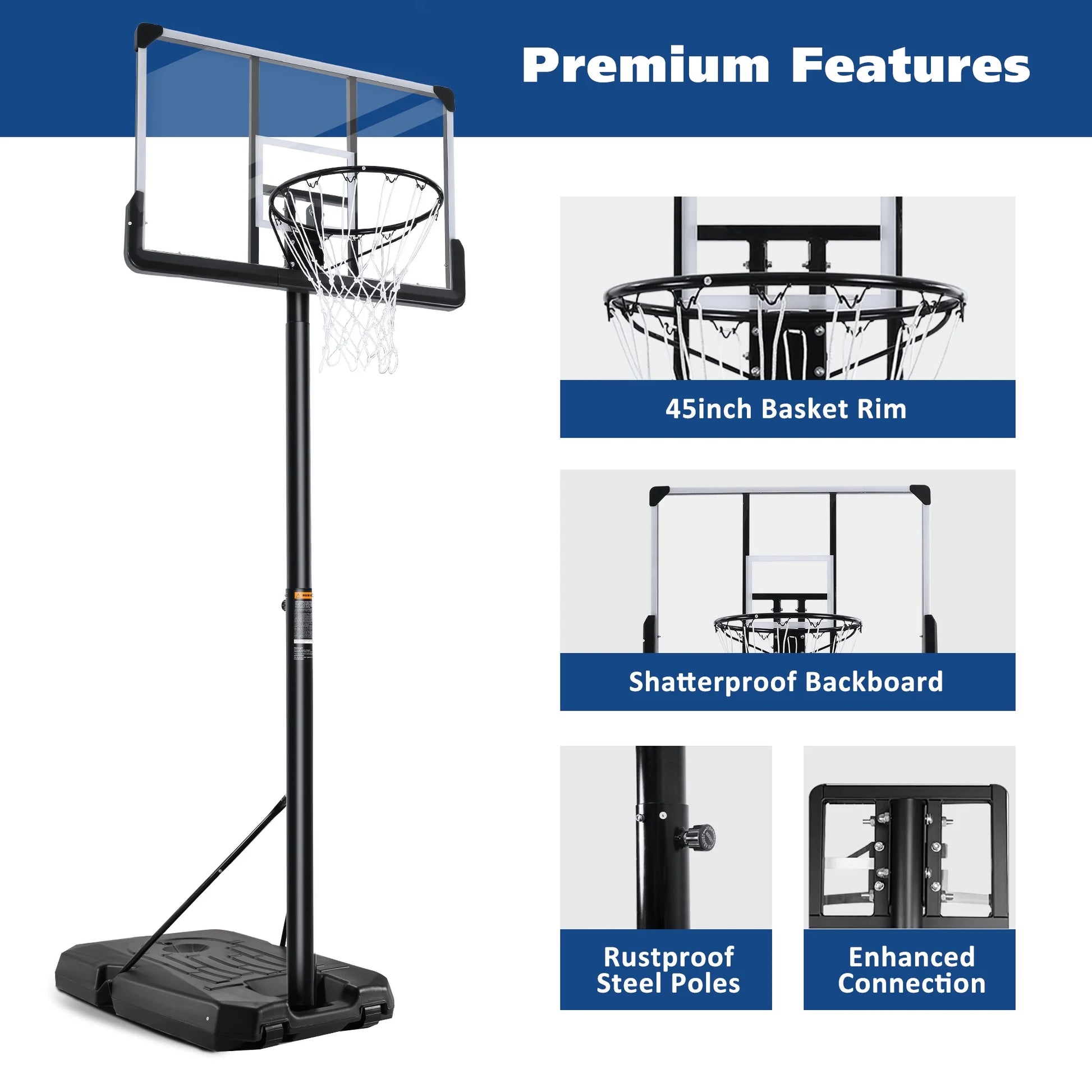 44In Portable Basketball Hoop with Height Adjustable 6 Ft to 10 Ft, Large Backboard, Base and Wheels, Basketball Goals for Teenagers Adults Indoor Outdoor Use