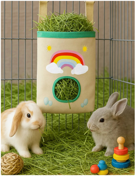Rainbow Bunny Hay Feeder Bag - Cute Hanging Hay Pouch for Rabbits