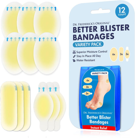 Better Blister Bandages - 12Ct - Water Resistant - 40% More Cushioning - Hydrocolloid Bandages for Foot, Toe, & Heel - Blister Pads for Prevention & Recovery - Variety Pack