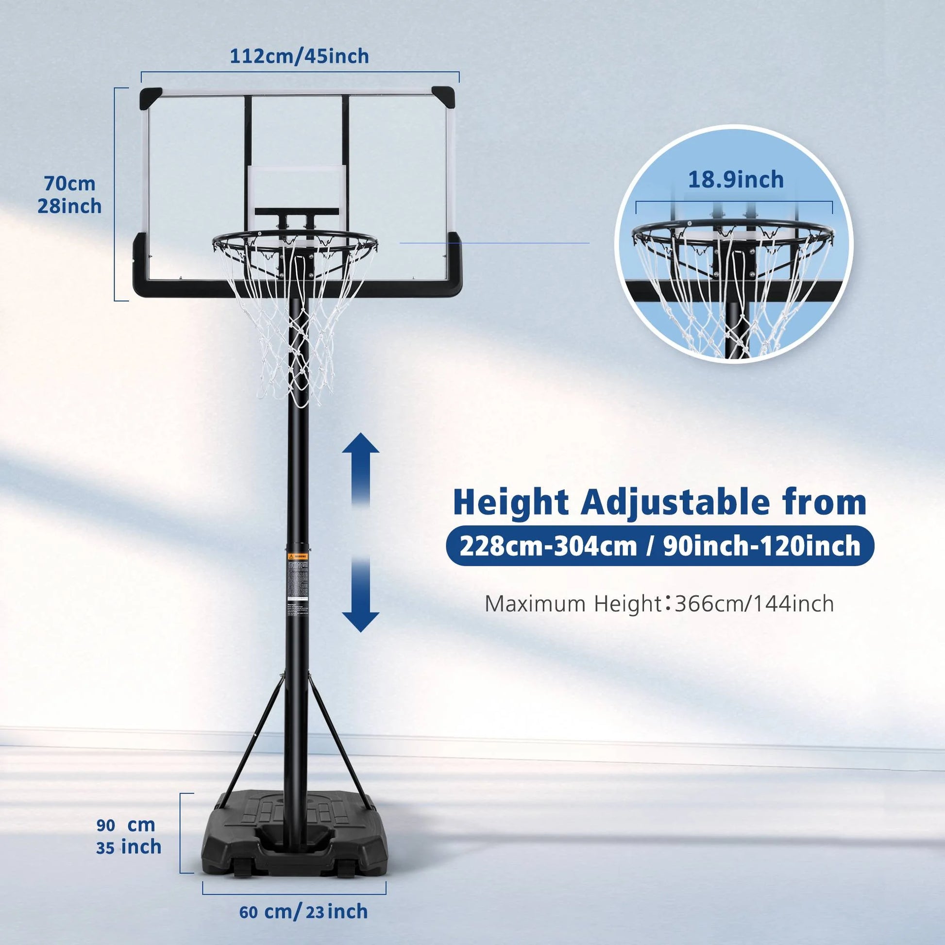 44In Portable Basketball Hoop with Height Adjustable 6 Ft to 10 Ft, Large Backboard, Base and Wheels, Basketball Goals for Teenagers Adults Indoor Outdoor Use